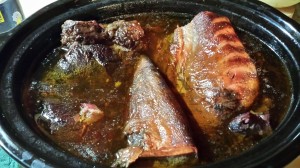 "Smokey beef tongue and cheeks  in the slow cooker.